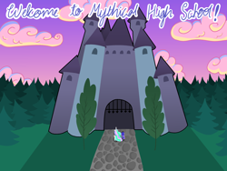 Size: 2756x2067 | Tagged: safe, artist:darkest-lunar-flower, princess celestia, princess luna, alicorn, pony, castle, forest, high school, sunrise, tree, tumblr, tumblr:mythical high