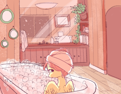 Size: 900x700 | Tagged: safe, artist:inverseskies, fluttershy, pegasus, pony, bath, bathing, bathroom, bathtub, bubble bath, cute, lidded eyes, looking at you, looking back, looking back at you, shyabetes, solo, towel, turban