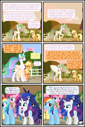 Size: 3255x4838 | Tagged: safe, artist:gutovi, derpibooru import, applejack, fluttershy, pinkie pie, princess celestia, princess luna, rainbow dash, rarity, twilight sparkle, alicorn, earth pony, pegasus, pony, unicorn, comic:why me!?, alternate ending, alternate hairstyle, applelestia, comic, female, lesbian, mane six, missing accessory, pigtails, shipping, starry eyes, sun, sunrise, sweet apple acres, wingding eyes