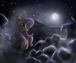 Size: 3600x3005 | Tagged: safe, artist:phendyl, fluttershy, pegasus, pony, full moon, looking back, mare in the moon, moon, night, raised hoof, solo, starry night, walking