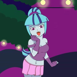 Size: 2048x2048 | Tagged: safe, artist:nando13, sonata dusk, equestria girls, bare shoulders, breasts, cleavage, clothes, female, fingerless gloves, gloves, long gloves, open mouth, skirt