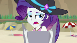 Size: 1920x1080 | Tagged: safe, screencap, rarity, better together, equestria girls, forgotten friendship, beach, clothes, hat, solo, swimsuit, tanning mirror