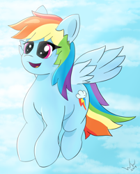 Size: 1962x2438 | Tagged: safe, artist:woodsideworks, derpibooru import, rainbow dash, pegasus, pony, female, flying, signature, sky, smiling, solo, spread wings, wings