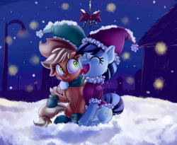 Size: 3649x2994 | Tagged: safe, artist:discorded, applejack, coloratura, earth pony, pony, :t, christmas, clothes, cute, eyes closed, face licking, female, fluffy, freckles, frown, hat, hoof boots, hug, jackabetes, lesbian, licking, mare, mistletoe, open mouth, raised hoof, rara, rarabetes, rarajack, santa hat, scarf, shipping, shocked, sitting, smiling, snow, snowfall, socks, tongue out, wide eyes