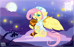 Size: 1280x818 | Tagged: safe, artist:feekteev, fluttershy, pegasus, pony, basket, clothes, cloud, costume, cute, halloween, hoodie, moon, mouth hold, nightmare night, pumpkin bucket, shyabetes, sitting, socks, solo, spread wings, stars, striped socks