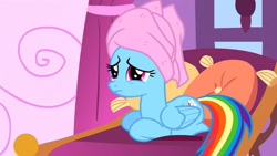 Size: 1280x720 | Tagged: safe, derpibooru import, screencap, rainbow dash, pegasus, pony, the best night ever, female, mare, ponyloaf, sitting, solo, towel, towel on head