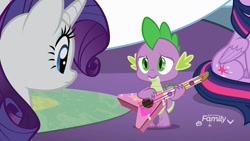 Size: 1280x720 | Tagged: safe, screencap, rarity, spike, dragon, pony, unicorn, best gift ever, female, guitar, male, mare, shipping fuel, winged spike