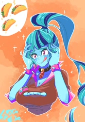 Size: 700x1000 | Tagged: safe, artist:sozglitch, sonata dusk, equestria girls, blouse, breasts, bust, choker, food, gem, hand on head, hands on head, holding head, licking, licking lips, lidded eyes, siren gem, solo, sonata bust, spiked wristband, taco, tongue out, wristband