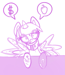 Size: 637x738 | Tagged: safe, artist:miroslav46, derpibooru import, twilight sparkle, twilight sparkle (alicorn), alicorn, pony, $, apple, begging, clothes, dialogue, dollar sign, female, homeless, homeless twilight, mare, pictogram, sad, scarf, smiling, socks