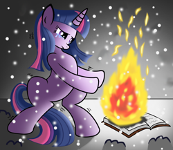 Size: 766x664 | Tagged: safe, artist:ziemniax, derpibooru import, twilight sparkle, book, cold, crying, fire, hard times, homeless, sad, shivering, snow, snowfall