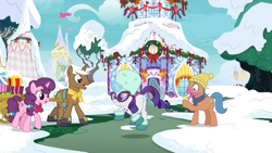 Size: 1920x1080 | Tagged: safe, screencap, mochaccino, rare find, rarity, sugar belle, earth pony, pony, unicorn, best gift ever, bell, boots, bow, carousel boutique, cart, christmas decoration, clothes, decoration, female, gelato cone, gritted teeth, hat, ice cream cone, magic, magic aura, male, mare, messy eating, open mouth, ponyville, present, running, scarf, shoes, snow, stallion, sunglasses, surprised, tree, wreath