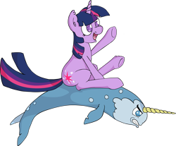 Size: 3515x2911 | Tagged: safe, artist:coinpo, derpibooru import, twilight sparkle, narwhal, pony, flying, happy, riding