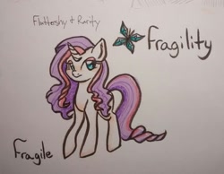 Size: 1823x1412 | Tagged: safe, artist:hippykat13, fluttershy, rarity, pony, unicorn, cute, eyeshadow, female, flarity (fusion), frown, fusion, lidded eyes, long mane, long tail, makeup, mare, raised hoof, solo, traditional art