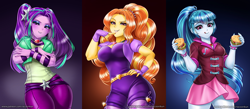Size: 2286x1000 | Tagged: safe, artist:racoonsan, color edit, edit, editor:drakeyc, adagio dazzle, aria blaze, sonata dusk, human, equestria girls, rainbow rocks, adagiazonga dazzle, adoragio, adorasexy, aria bazookas, ariabetes, belt, bracelet, breasts, busty dazzlings, cleavage, clothes, colored, confident, curvy, cute, dazzlings, explicit source, eyeshadow, female, fingerless gloves, food, gem, gloves, hand on hip, hips, hourglass figure, humanized, jeans, jewelry, leggings, looking at you, looking down, makeup, moe, nail polish, necklace, pants, pigtails, ponytail, raised eyebrow, sexy, siren gem, skin color edit, skirt, smiling, smug, smugio dazzle, solo, sonata bust, sonatabetes, sonataco, spiked wristband, stupid sexy adagio dazzle, stupid sexy aria blaze, stupid sexy sonata dusk, taco, that girl sure loves tacos, the dazzlings, tongue out, trio, trio female, twintails, wristband