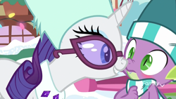 Size: 1920x1080 | Tagged: safe, screencap, rarity, spike, dragon, pony, unicorn, best gift ever, blushing, boop, close-up, clothes, discovery family logo, duo, female, glasses, hat, male, mare, nose to nose, nose wrinkle, noseboop, scarf, shipping fuel, smiling, snow, sunglasses, winged spike, winter outfit