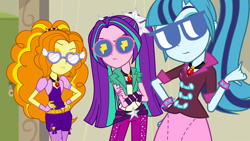 Size: 1280x720 | Tagged: safe, derpibooru exclusive, edit, edited screencap, editor:katy木土, screencap, adagio dazzle, aria blaze, sonata dusk, equestria girls, rainbow rocks, sunglasses, the dazzlings