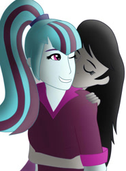 Size: 564x764 | Tagged: safe, alternate version, artist:thesleeplessbeholder, octavia melody, sonata dusk, equestria girls, cute, embrace, female, holding, kiss on the cheek, kissing, lesbian, shading, shading practice, shipping, sonatabetes, sontavia