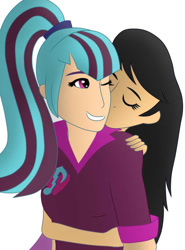 Size: 564x764 | Tagged: safe, alternate version, artist:thesleeplessbeholder, octavia melody, sonata dusk, human, cute, female, holding, holding onto someone, hug, human coloration, humanized, kiss on the cheek, kissing, lesbian, shading, shipping, sonatabetes, sontavia