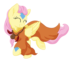 Size: 1844x1564 | Tagged: safe, artist:ruushiicz, fluttershy, pegasus, pony, avatar the last airbender, clothes, crossover, cute, eyes closed, head turn, jewelry, necklace, robe, shyabetes, simple background, smiling, solo, transparent background, walking, yangchen