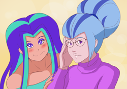 Size: 2048x1448 | Tagged: safe, artist:annon, aria blaze, sonata dusk, human, alternate hairstyle, blushing, bun hairstyle, clothes, female, glasses, humanized, mirror universe