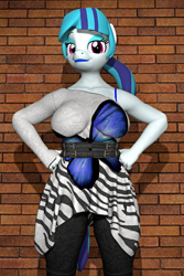 Size: 2560x3840 | Tagged: safe, artist:kevhon, sonata dusk, anthro, 3d, breasts, brick wall, clothes, dress, eyeshadow, female, hand on hip, lipstick, makeup, pose, solo, sonata bust, source filmmaker