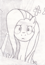 Size: 1617x2333 | Tagged: safe, fluttershy, pegasus, pony, 28 pranks later, bust, frown, grayscale, monochrome, peeved, pencil drawing, solo, traditional art, unamused