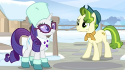 Size: 1474x829 | Tagged: safe, screencap, pistachio, rarity, earth pony, pony, unicorn, best gift ever, boots, duo, farm, farmhouse, female, fence, glasses, hat, male, mare, neckerchief, shoes, snow, sunglasses, sweet acorn orchard, teenager