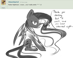 Size: 1024x814 | Tagged: safe, artist:despotshy, fluttershy, pegasus, pony, ask, clothes, deviantart, gloves, grayscale, looking at you, monochrome, nightmare fluttershy, sitting, solo, speech bubble, spread wings