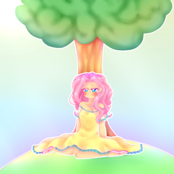 Size: 1000x1000 | Tagged: safe, artist:missmeower, fluttershy, human, clothes, dress, heart eyes, humanized, lidded eyes, sitting, solo, tree, under the tree, wingding eyes