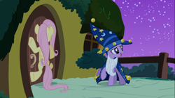 Size: 1366x768 | Tagged: safe, derpibooru import, screencap, fluttershy, twilight sparkle, pegasus, pony, luna eclipsed, flutterdoor