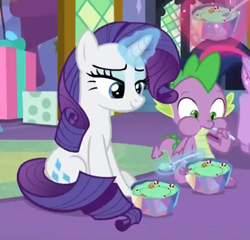 Size: 448x430 | Tagged: safe, screencap, rarity, spike, dragon, pony, unicorn, best gift ever, bowl, cropped, female, food, glowing horn, magic, male, mare, pudding, puddinghead's pudding, puffy cheeks, spoon, telekinesis, winged spike