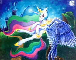 Size: 1024x804 | Tagged: source needed, useless source url, safe, artist:colorsceempainting, princess celestia, alicorn, pony, castle, castle of the royal pony sisters, detailed, female, mare, moon, night, paint, painting, sad, solo, traditional art, watermark, wings