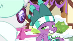 Size: 1136x640 | Tagged: safe, screencap, rarity, spike, dragon, pony, unicorn, best gift ever, blushing, clothes, hands together, hat, implied shipping, implied sparity, implied straight, meme, scarf, shipping fuel, smiling, snow, sunglasses, winter outfit