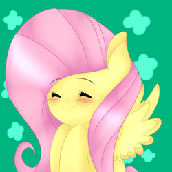 Size: 1000x1000 | Tagged: safe, artist:missmeower, fluttershy, pegasus, pony, blushing, eyes closed, smiling, solo, spread wings