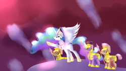 Size: 1366x768 | Tagged: safe, artist:samantha062104, princess celestia, alicorn, pegasus, pony, the cutie re-mark, alternate timeline, badass, crystal war timeline, ethereal mane, female, male, mare, raised hoof, royal guard, scene interpretation, stallion