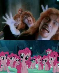 Size: 720x897 | Tagged: safe, edit, edited screencap, screencap, pinkie pie, earth pony, pony, too many pinkie pies, clone, dave mustaine, female, mare, megadeth, metal, multeity, pinkie clone, ponk, thrash metal, too much pink energy is dangerous