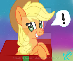 Size: 400x333 | Tagged: safe, artist:dashiekawaii145, applejack, earth pony, pony, box, exclamation point, obtrusive watermark, present, solo, watermark