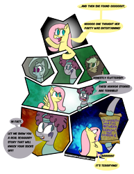 Size: 1411x1825 | Tagged: safe, artist:sneshneeorfa, applejack, fluttershy, pinkie pie, earth pony, pegasus, pony, scare master, applelion, astrodash, clothes, comic, costume, fourth wall, nightmare night costume, no pupils, pinkie puffs