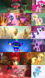 Size: 1800x3108 | Tagged: safe, derpibooru import, edit, edited screencap, screencap, applejack, fluttershy, pinkie pie, rainbow dash, rarity, twilight sparkle, twilight sparkle (alicorn), alicorn, earth pony, pegasus, pony, unicorn, a dog and pony show, fall weather friends, stare master, the ticket master, three's a crowd, twilight's kingdom, branch (trolls), classical, country, cropped, delta dawn, dickory, funk, guitar, hickory, king quincy, king trollex, mane six, music genres, musical instrument, pop, poppy, queen barb, queen essence, rock, scroll, techno, tree branch, trolls, trolls world tour, trollzart