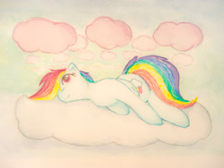 Size: 4032x3024 | Tagged: safe, artist:papersurgery, derpibooru import, rainbow dash, pegasus, pony, apathy, backwards cutie mark, bored, cloud, female, looking up, lying down, mare, solo, traditional art, watercolor painting