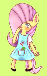 Size: 875x1424 | Tagged: safe, artist:missmeower, fluttershy, anthro, blushing, clothes, dress, solo