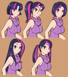 Size: 1119x1280 | Tagged: safe, artist:scorpdk, derpibooru import, twilight sparkle, human, :o, alternate hairstyle, breasts, choker, clothes, female, headlight sparkle, humanized, long hair, looking at you, pigtails, ponytail, short hair, sleeveless turtleneck, sweater, turtleneck