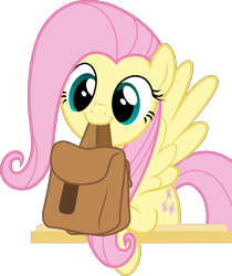 Size: 10245x12174 | Tagged: safe, artist:pink1ejack, edit, fluttershy, pegasus, pony, to saddlebags and back again, to where and back again, absurd resolution, cute, daaaaaaaaaaaw, female, hnnng, mare, mouth hold, saddle bag, shyabetes, simple background, smiling, solo, transparent background, vector, vector edit, weapons-grade cute