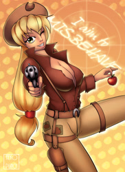 Size: 1700x2338 | Tagged: safe, artist:x-nekopunch-x, applejack, human, apple, applerack, belt, breasts, cleavage, clothes, commission, cowboy hat, crossover, female, firefly (series), fruit, gun, hat, humanized, looking at you, one eye closed, pants, solo, stetson, weapon, wink