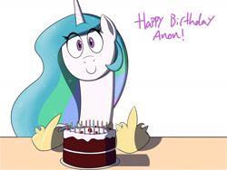 Size: 1600x1200 | Tagged: artist needed, safe, princess celestia, alicorn, pony, birthday, birthday cake, cake, cute, cutelestia, female, food, implied anon, solo