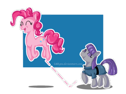 Size: 904x673 | Tagged: safe, artist:lokkyta, maud pie, pinkie pie, earth pony, pony, abstract background, duo, female, happy, jumping, pronking, sisters, smiling