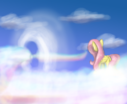 Size: 4500x3694 | Tagged: safe, artist:phendyl, fluttershy, pegasus, pony, cloud, rainbow, solo