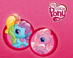 Size: 1280x1024 | Tagged: safe, derpibooru import, edit, pinkie pie (g3), rainbow dash (g3), g3.5, my little pony logo, wallpaper