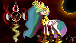 Size: 3920x2233 | Tagged: safe, princess celestia, alicorn, pony, armor, battlefield, eclipse, fight, magic, weapon