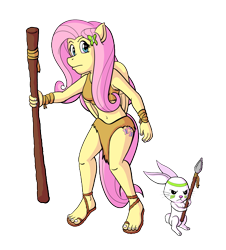 Size: 1900x2100 | Tagged: safe, artist:regularmouseboy, angel bunny, fluttershy, anthro, pegasus, plantigrade anthro, belly button, cave pony, caveman, cavemare, clothes, cutie mark, duo, legs, loincloth, midriff, rainbow wake, sandals, simple background, skirt, spear, staff, thighs, transparent background, tribal